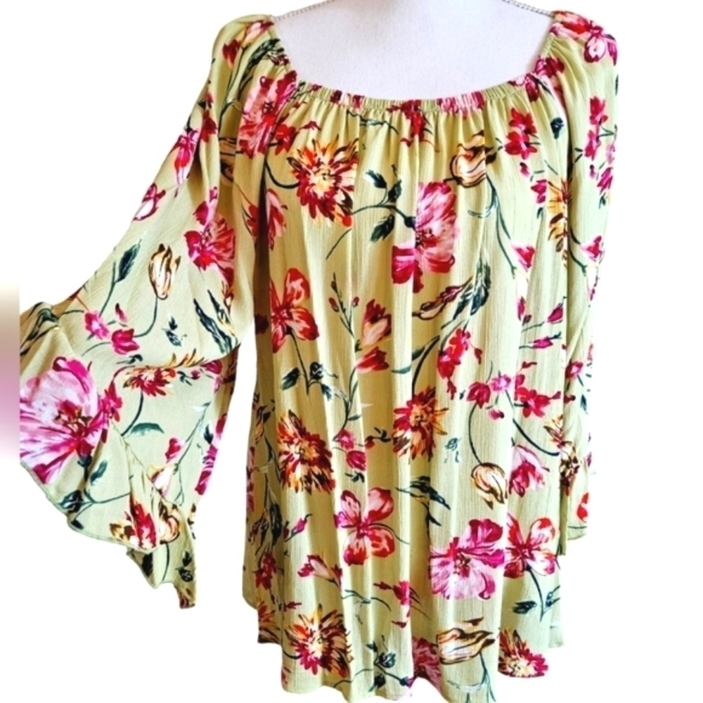 FIRST LOVE BOHO BLOUSE SZ L GREEN PINK - Picture 3 of 7